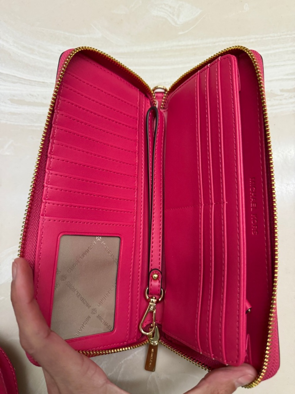 Michael Kors Hot Pink and White Stripe Zip Wallet NWOT - Picture 2 of 5